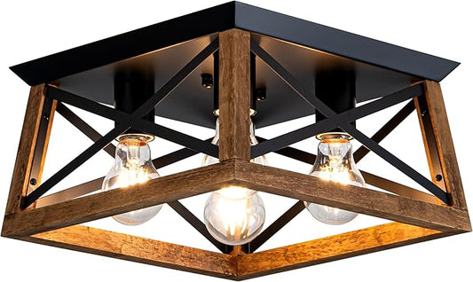 4-Light Famrhouse Light Fixture, Rustic Ceiling Light with Wood and Metal Frame, Farmhouse Flush Mount Ceiling Light for Hallway, Entryway, Bedroom, Kitchen, Living Room