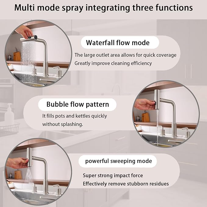 Kitchen Sink Faucet for 3 Hole with Pull Down Sprayer - 8 inch Two Handle Widespread Kitchen faucets Set with Pull Out Sprayer for Sink- Stainless Steel Brushed Nickel 3 Piece Faucet for Kitchen Sink