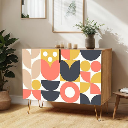 SIGNWIN Sideboard Buffet Cabinet, Kitchen Storage Cabinet with 2 Doors, Mid-Century Vibrant Polygon Pattern, Cupboard Console Table for Dining Room - 35" L x 18" W x 29" H