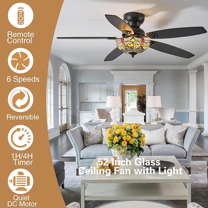 Tiffany Ceiling Fans with Lights - 52" Ceiling Fan Chandelier with 5 Dual-Blades and Glass Shade, 6 Speeds and Reversible, Indoor and Outdoor, Retro Style