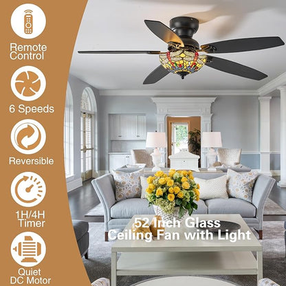 Tiffany Ceiling Fans with Lights - 52" Ceiling Fan Chandelier with 5 Dual-Blades and Glass Shade, 6 Speeds and Reversible, Indoor and Outdoor, Retro Style