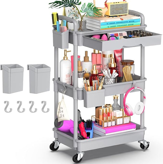 Goovilla 3 Tier Rolling Utility Cart Organizer with Removable Drawer, Stable and Sturdy Grey Rolling Storage Carts with 2 Lockable Wheels for Bathroom, Kitchen, Snack, Craft, Makeup, Baby Essentials