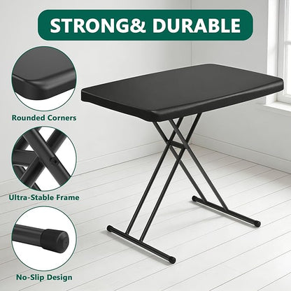 30 Inch Folding Table, Adjustable Height TV Tray for Small Spaces, Heavy Duty Foldable Utility Table for Laptop, Dining, Camping, No Assembly, 200 lbs Capacity, Black Granite