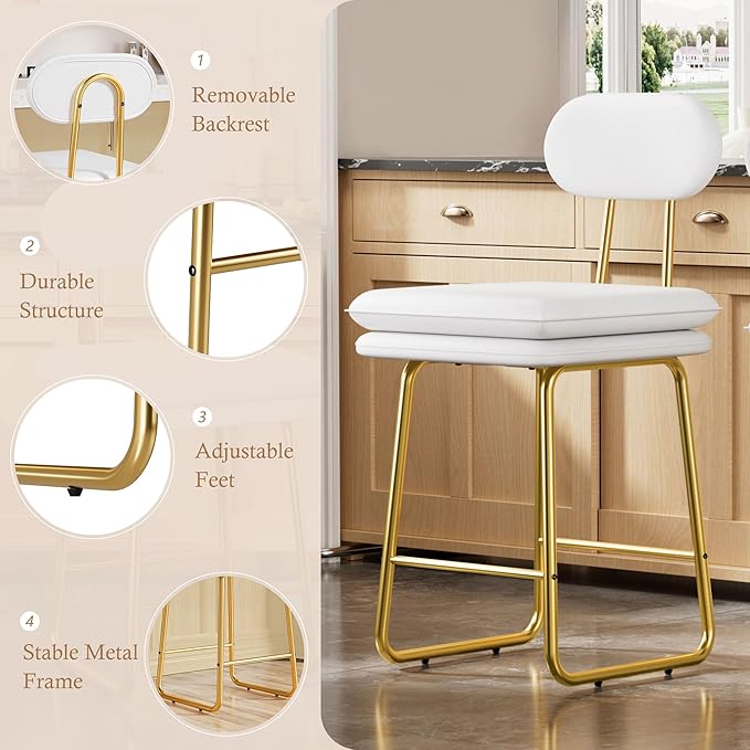 VECELO Bar Stools Set of 4, Counter Height Barstools with Removable Backrest, Padded Seat and Metal Legs, PU Leather Upholstered Bar Chairs for Kitchen, Island, White