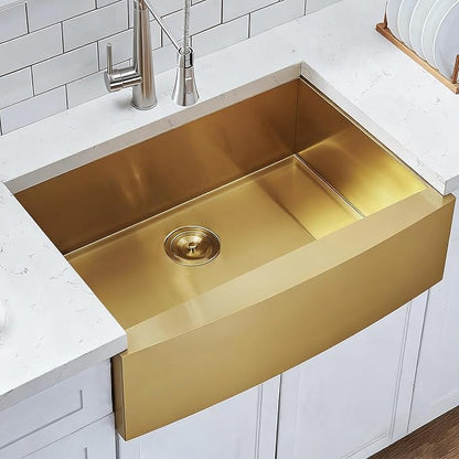 Hotis Gold Farmhouse Sink, 33 Inch Stainless Steel Farmhouse Kitchen Sinks, Single Bowl Burshed Gold Apron Front Farm Sinks, Brass Undermount Sink With Accessories
