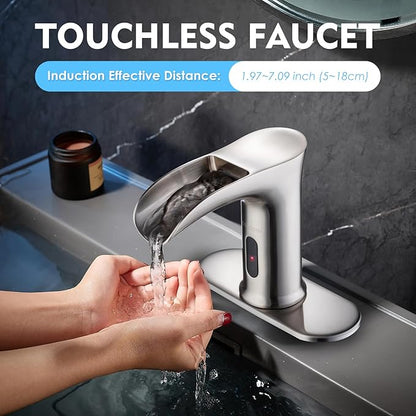 Automatic Sensor Touchless Waterfall Bathroom Sink Faucet, Modern Electronic Sensor Lavatory Faucet, Brushed Nickel Hands Free Vanity Faucets with Control Box and Temperature Mixer