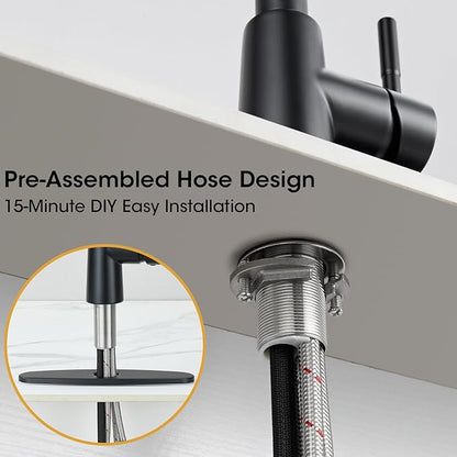 Matte Black Kitchen Faucet with Pull Down Sprayer, High Arc Single Handle Stainless Steel 1 or 3 Hole Faucet for Kitchen Sink, Farmhouse, RV, Laundry, Bar, Outdoor