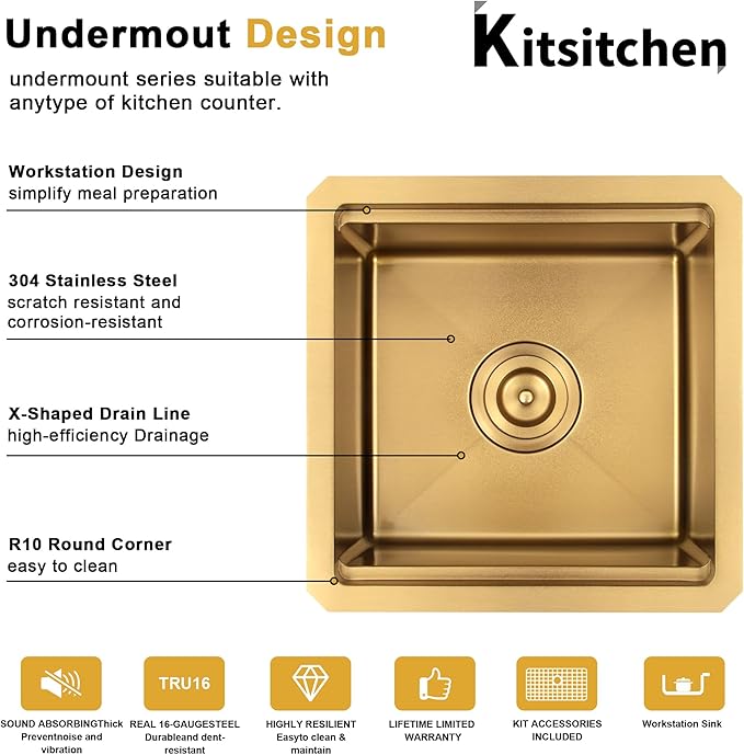 Kitsitchen Gold Bar Sink Undermount, 16 Guage Stainless Steel Workstation Sinks with Accessories, 15 Inch Small Kitchen Sink for RV, Outdoor, Wetbar, Pre-Bar