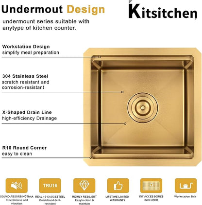 Kitsitchen Gold Bar Sink Undermount,18 Inch Small Bar & Prep Sinks,16 Gauge Stainless Steel Bar Sink with Workstation for Wet Bar Area(18" X 18" X 10")