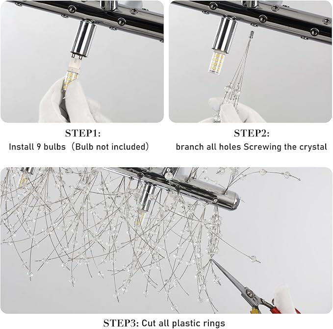Modern Crystal Chandeliers Firework, 9-Light Chrome Rectangle Linear Dandelion Dining Room Chandelier, Mid Century Sputnik Firework Ceiling Light Fixture for Living Room Kitchen Island Store (L 28.8")