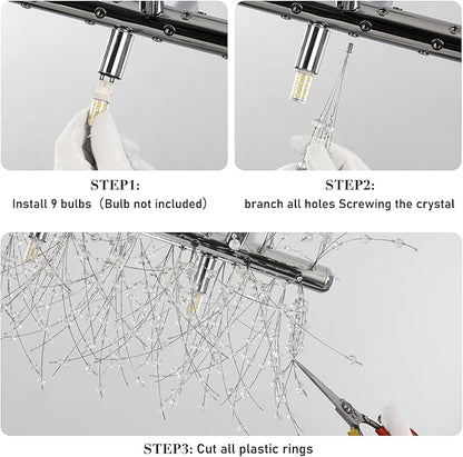 Modern Crystal Chandeliers Firework, 9-Light Chrome Rectangle Linear Dandelion Dining Room Chandelier, Mid Century Sputnik Firework Ceiling Light Fixture for Living Room Kitchen Island Store (L 28.8")