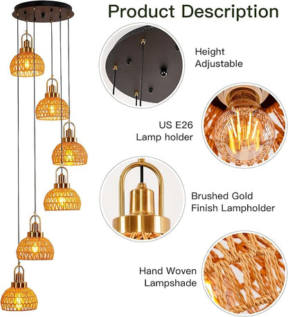 Modern Boho Gold Rattan Pendant Light 6-Lights Vintage Farmhouse Rattan Pendant Light Fixture Hand Woven Golden Bamboo Wicker Pendant Lights for Kitchen Stairwell, Entryway, Living Room