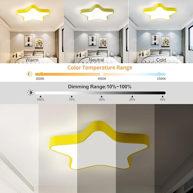 LED Ceiling Light Fixture, Modern Pentagram Recessed Ceiling Lights, 3000K-6000K Dimmable Light, Close to Lighting Flush Mount Living Room Pendant Lamps (Yellow, 16inch)