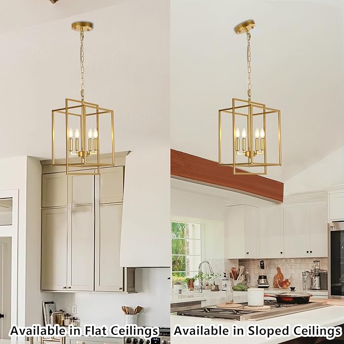 Modern Farmhouse Gold Chandelier, 4-Light Rustic Geometric Chandeliers for Dining Room, Adjustable Metal Hanging Pendant Light Fixture for Entryway Foyer Kitchen Island Hallway