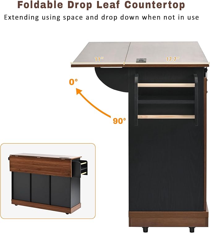 RUNNA Farmhouse Kitchen Island with Drop Leaf, Kitchen Storage Island with Barn Door, Power Outlet,Rolling Kitchen Cart on Wheels with Spice Rack, for Home, Kitchen,Dining Room (Black_29)