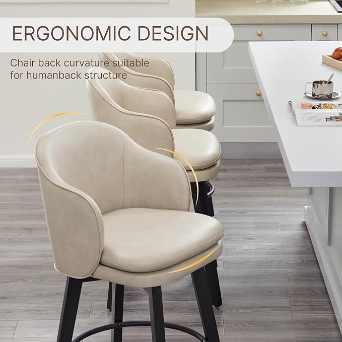 KISLOT Counter Height Barstools 26 inch Upholstered Swivel Bar Stools with Back for Kitchen Island,Set of 2,Beige PU Leather