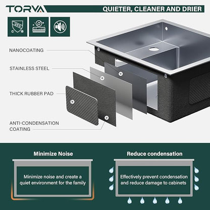 TORVA RV Kitchen Sink, 13 x 15 x 7 Inch Undermount Bar Sink 16 Gauge Stainless Steel Single Bowl Sink with Foldable Faucet Cutting Board, Grey