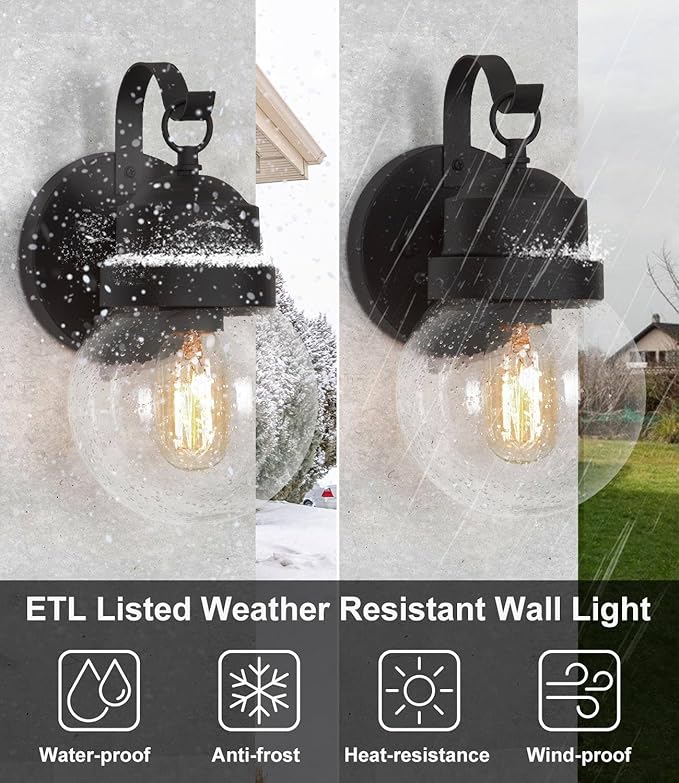 LALUZ Outdoor Porch Wall Lighting, Anti-Rust Exterior Wall Light Fixture with Globe Seeded Glass, Weather-Proof Outdoor Sconce Lights Black Outside Wall Lantern for Patio, Garage, Yards