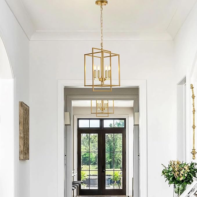 Modern Farmhouse Gold Chandelier, 4-Light Rustic Geometric Chandeliers for Dining Room, Adjustable Metal Hanging Pendant Light Fixture for Entryway Foyer Kitchen Island Hallway