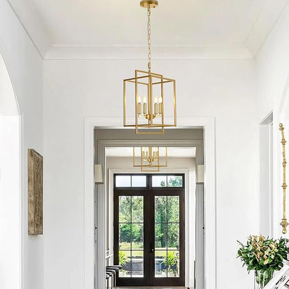 Modern Farmhouse Gold Chandelier, 4-Light Rustic Geometric Chandeliers for Dining Room, Adjustable Metal Hanging Pendant Light Fixture for Entryway Foyer Kitchen Island Hallway