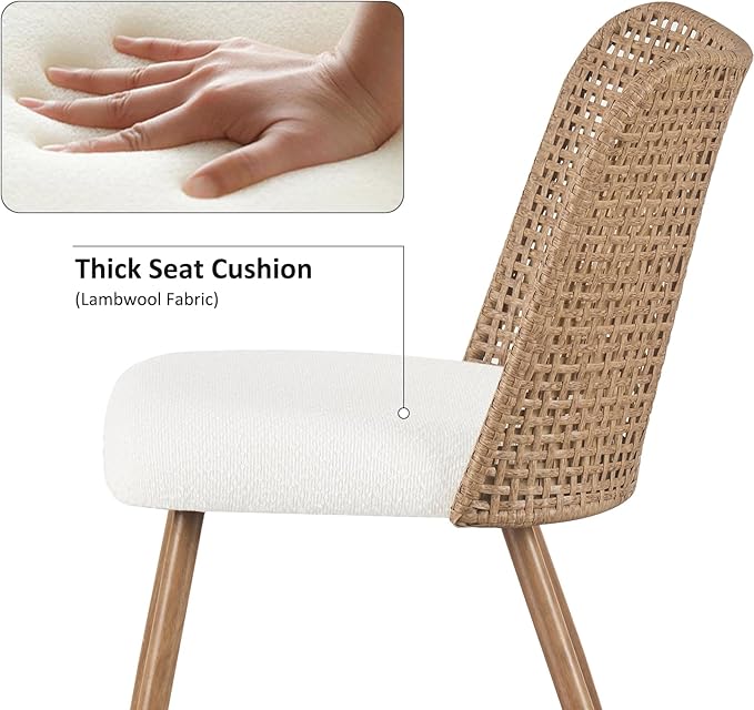 Rattan Dining Chairs, Modern Kitchen Chairs with Cane Woven Backrest Seat, Armless PE Wicker Accent Chairs for Dining Room with Metal Legs,Lamb White