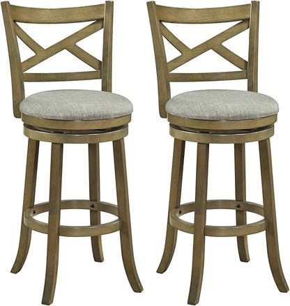 Giantex Wood Swivel Bar Stools Set of 2, 30" Upholstered Bar Height Bar Stools with X Back, Linen Cushioned Seat, Farmhouse Armless Wooden Barstools for Kitchen Island Dining Room, Grey
