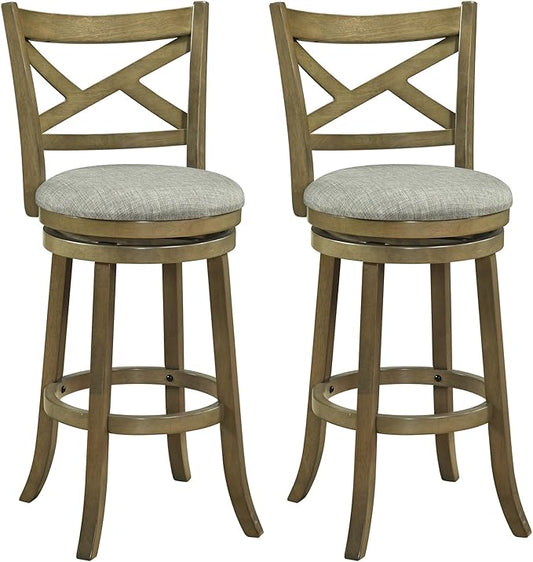 Giantex Wood Swivel Bar Stools Set of 2, 30" Upholstered Bar Height Bar Stools with X Back, Linen Cushioned Seat, Farmhouse Armless Wooden Barstools for Kitchen Island Dining Room, Grey