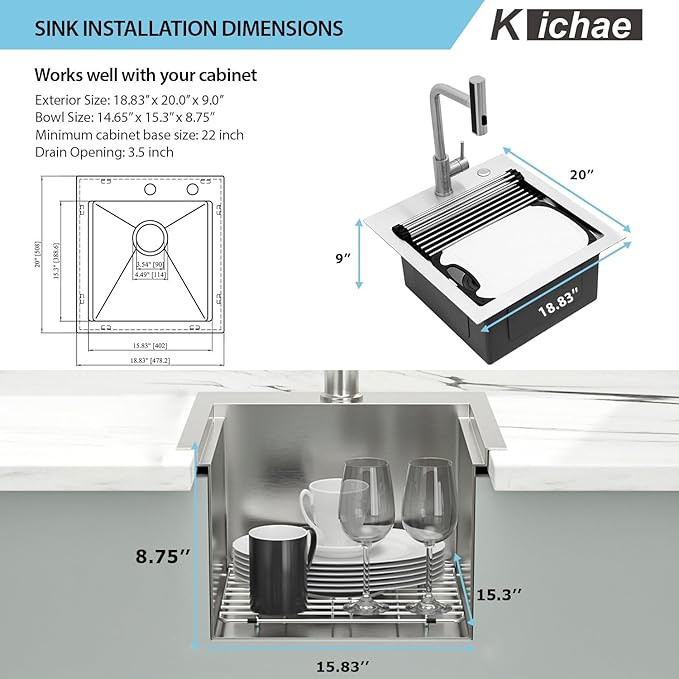 Kichae 19 Inch Outdoor Kitchen Sink - 19" x 20" Stainless Steel Drop Sink 16 Gauge with Pull Down Faucet Combo & Cover for Small Outdoor Kitchens, Bar Prep, and RV Use