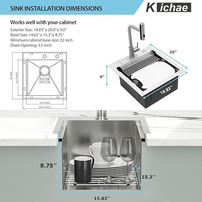 Kichae 19 Inch Outdoor Kitchen Sink - 19" x 20" Stainless Steel Drop Sink 16 Gauge with Pull Down Faucet Combo & Cover for Small Outdoor Kitchens, Bar Prep, and RV Use