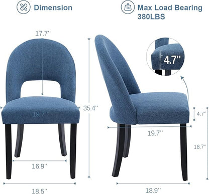 Upholstered Dining Chairs Set of 2, Mid Century Modern Kitchen Chairs with Solid Wood Legs & Linen Fabric Backrest for Dining Room and Farmhouse, Blue