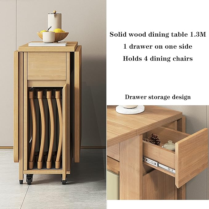 Solid Wood Extendable Dining Table with Storage Drawer Space Saving Folding Drop Leaf Table for Kitchen Dining Room