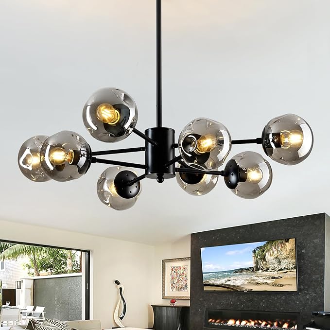 SZXYKEJI 8-Light Sputnik Chandelier Black Mid Century Glass Globe Ceiling Light Fixture Modern Bubble Chandelier for Dining Room Living Room Kitchen Bedroom Farmhouse.