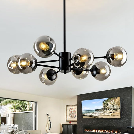 SZXYKEJI 8-Light Sputnik Chandelier Black Mid Century Glass Globe Ceiling Light Fixture Modern Bubble Chandelier for Dining Room Living Room Kitchen Bedroom Farmhouse.