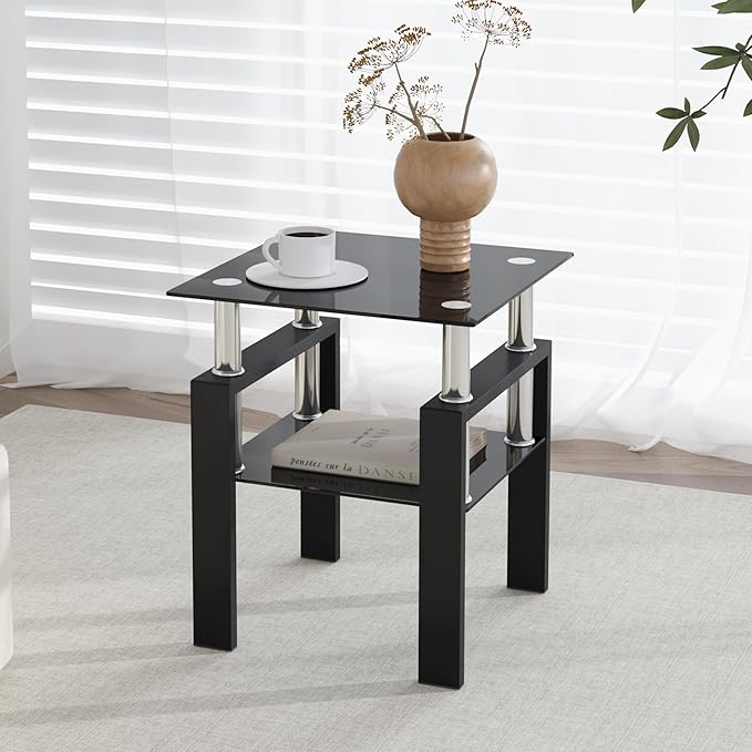 IANIYA Modern Glass Side Table, 2-Tier End Table with Tempered Glass Top & Metal Legs, Night Stand Corner Small Table for Living Room, Bedroom, Small Space All Black