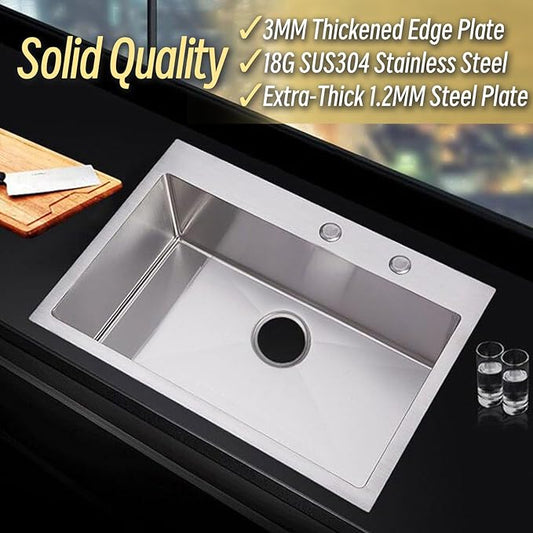 Friho 33x22 Drop in Kitchen Sink, Top Mount Commercial Handmade 18 Gauge Single Bowl Stainless Steel Sink with Dish Grid and Basket Strainer