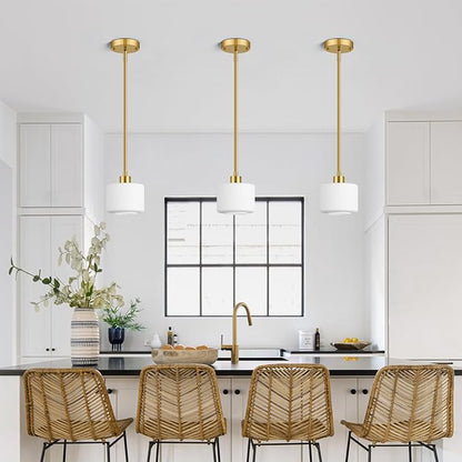 Brushed Gold Pendant Lights Kitchen Island 2 Pack, Modern Milk Glass Hanging Light Fixtures with Rods, Mini Kitchen Pendant Lighting Over Island for Sink Bathroom, OS-YQ8153-2PBG