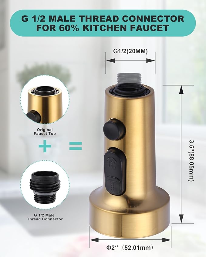 Pull Down Faucet Head Replacement: 3-Function Kitchen Faucet Head with 9 Adapters - Brushed Gold Kitchen Sink Spray Replacement Compatible with Moen, Delta, American Standard Faucets