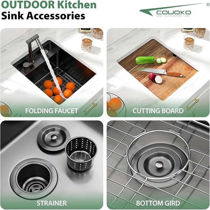 15x18 Inch Outdoor Sink Black Undermount RV Sink Workstation NANO PVD 16 Gauge Stainless Steel Single Bowl Handmade Outdoor Kitchen Sinks With Folding Faucet 15"x18"x9"