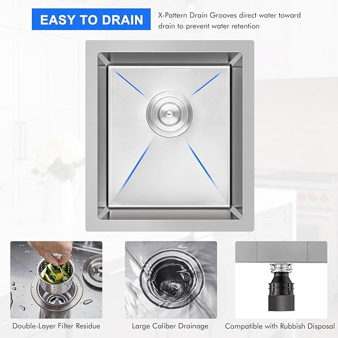 MENATT 15-inch Undermount Kitchen Bar Sinks, 304 Stainless Steel Handmade Bar Sink Undermount, Single Bowl Kitchen Sink Brushed, 15" x 17" x 8"