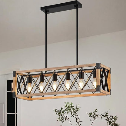 Wood Chandeliers for Dining Room,Black Farmhouse Dining Room Light Fixtures,Rustic Kitchen Light Fixtures for Kitchen Island,Bar, Coffee Shop, Adjustable Hanging Pendant Light 6-Lights