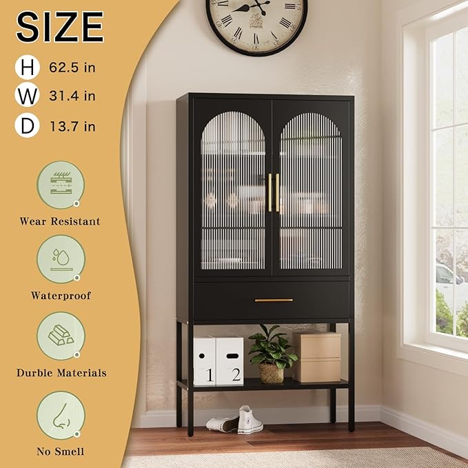 ALBAD 63 Inch Tall Metal Pantry/Display/Storage Cabinet with Fluted Glass Doors and Drawer & Adjustable Shelf for Modern Home Office Living Room Kitchen Black