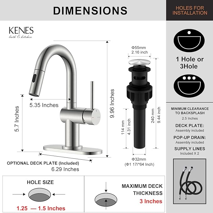 KENES Brushed Nickel Bathroom Faucet with Pull Down Sprayer, Single Handle Bathroom Sink Faucet with Pull Out Sprayer, Vanity Faucet with Pop Up Drain & Deck Plate, KE-9065B