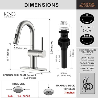KENES Brushed Nickel Bathroom Faucet with Pull Down Sprayer, Single Handle Bathroom Sink Faucet with Pull Out Sprayer, Vanity Faucet with Pop Up Drain & Deck Plate, KE-9065B