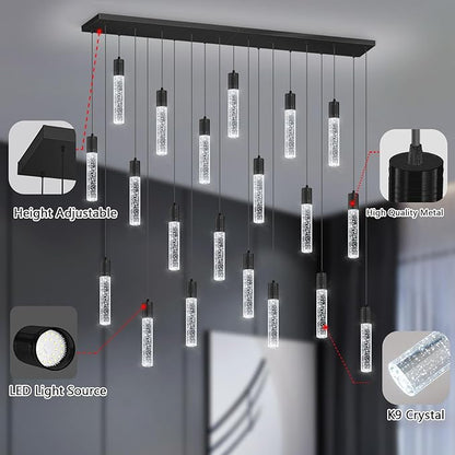 20-Lights Modern Crystal Rectangular Chandeliers LED Pendant Light for Kitchen Island High Ceiling Chandelier for Dining Room Entrance Foyer Living Room Black