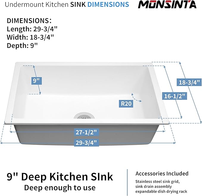 White Kitchen Sink, White Granite Composite Kitchen Sinks with Accessories, 30 Inch Undermount Quartz Stone Kitchen Sink, 30" x 19" x 9" Large and Deep Single Bowl Kitchen Sinks