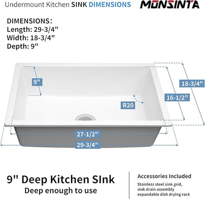 White Kitchen Sink, White Granite Composite Kitchen Sinks with Accessories, 30 Inch Undermount Quartz Stone Kitchen Sink, 30" x 19" x 9" Large and Deep Single Bowl Kitchen Sinks