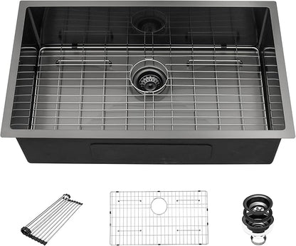 28 Inch Black Undermount Kitchen Sink - Beslend 28"x18"x10" Gunmetal Black Stainless Steel 16 Gauge 10 Inch Deep Single Bowl Kitchen Sink Basin