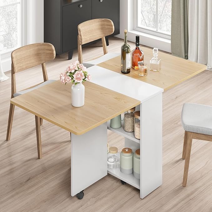 IDEALHOUSE FoldingTable, Drop Leaf Dining Table with 6 Wheels and 2-Layer Storage Shelf, Space Saving Table for Small Spaces (Natural Wood, 47.2" D x 23.6" W x 29.5" H)