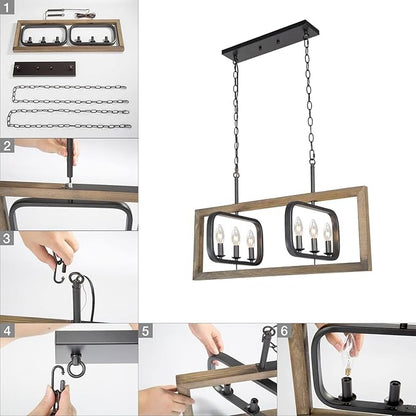 LOG BARN 31'' Farmhouse Chandelier, 6-Light Rectangle Wood Kitchen Island Lighting with Black Metal Rotatable Frame, Rustic Chandeliers Light Fixtures for Dining Room