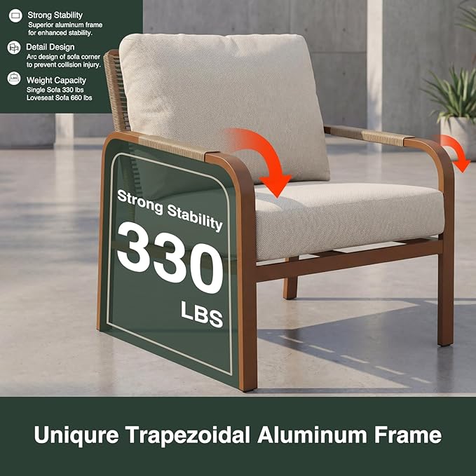 Aluminum Patio Conversation Set, 4-Piece Outdoor Furniture with Coffee Table, Loveseat and Cushions, All-Weather Sofa Set, Beige